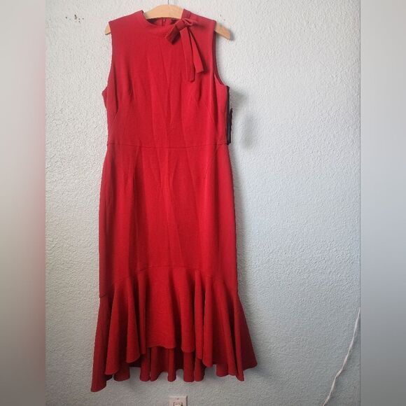 Maggy London Dresses & Skirts - Maggy London Red Ruffled Mock Neck High Low Hem Cocktail Dress
